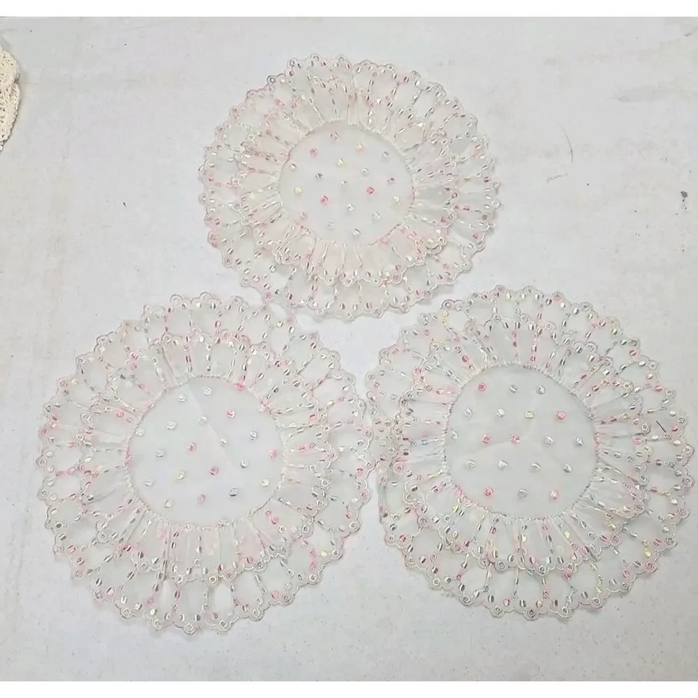 Lot of 3 Vintage Embroidered Hand‎ Stitched Layered Sheer Scalloped Edge Doilies